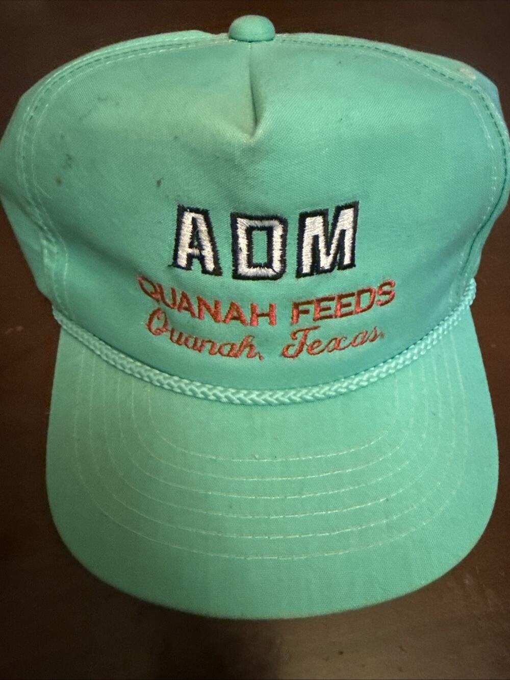 Vintage ADM Quanah Feeds Hat Snapback Trucker Cap Quanah Texas Farm Retro Teal